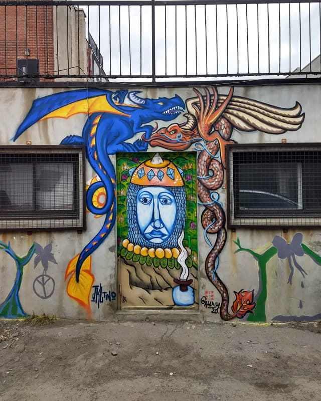 Labrona and Waxhead mashup on a Villeray door, with dragons by JKL Two and Gallium Beaumer